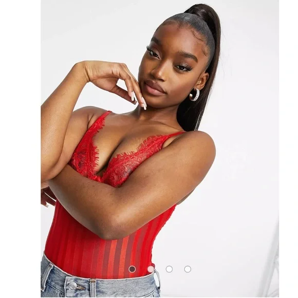 Red V neck Lace Sexy Bodysuit - Picture 11 of 14